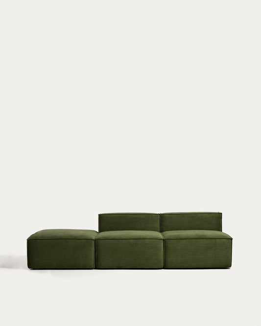 Canapé Blok 3 places avec pouf terminal en velours côtelé épais vert 270 cm – FSC Mix Credit