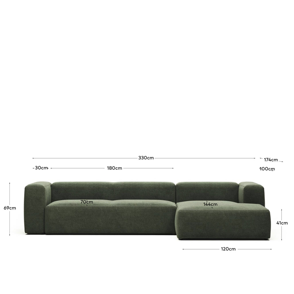 Canapé Blok 4 places avec méridienne droite ignifugé en chenille verte 330 cm