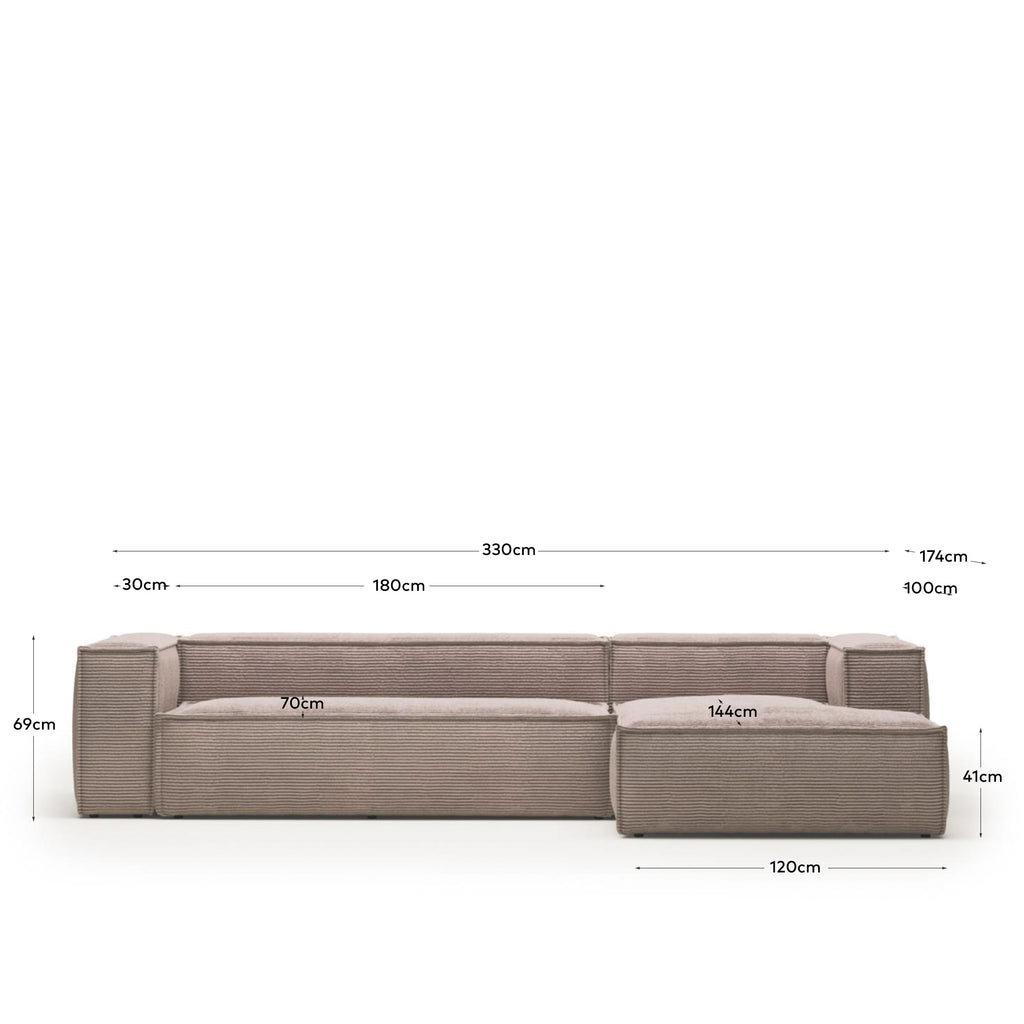 Canapé Blok 4 places méridienne droite velours à grosses côtes rose 330 cm