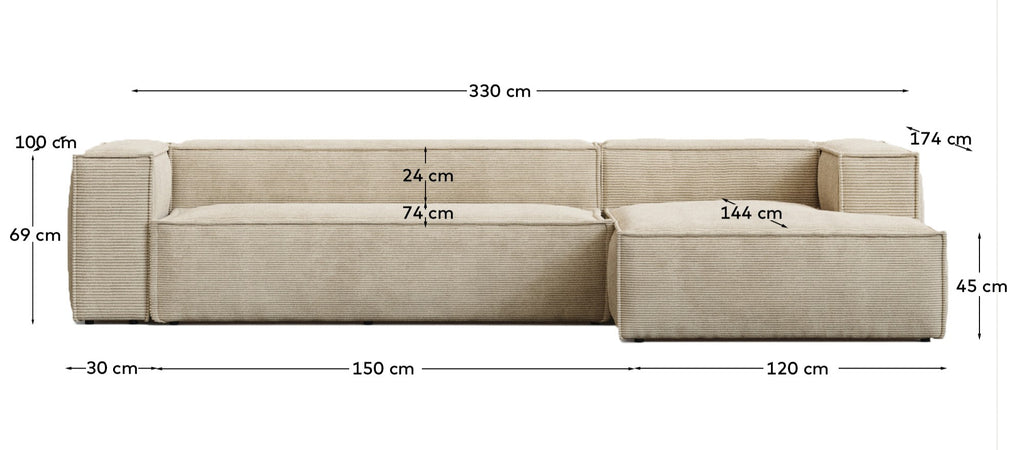 Canapé Blok 4 places version ignifugée avec méridienne droite en velours côtelé épais écru 330 cm FSC Mix Credit
