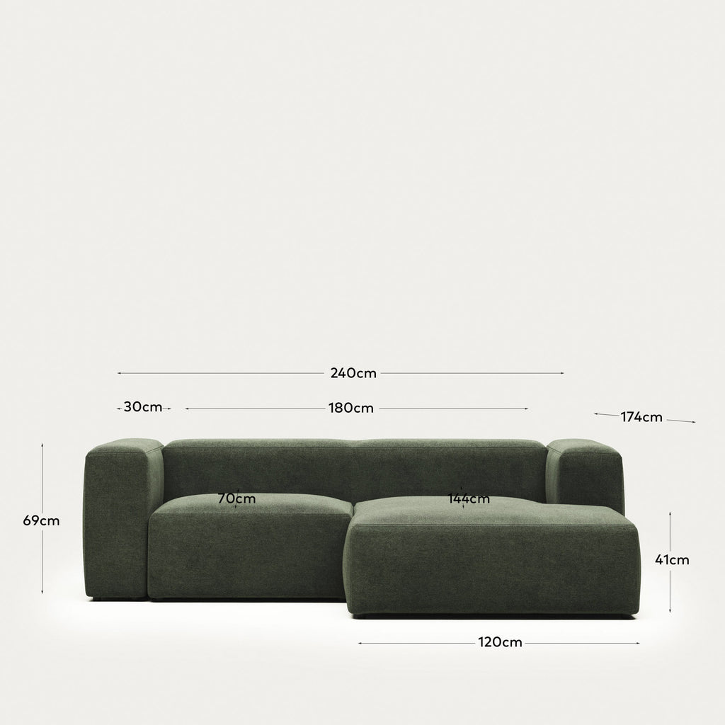 Canapé Blok 2 places avec méridienne droite ignifugé en chenille verte 240 cm
