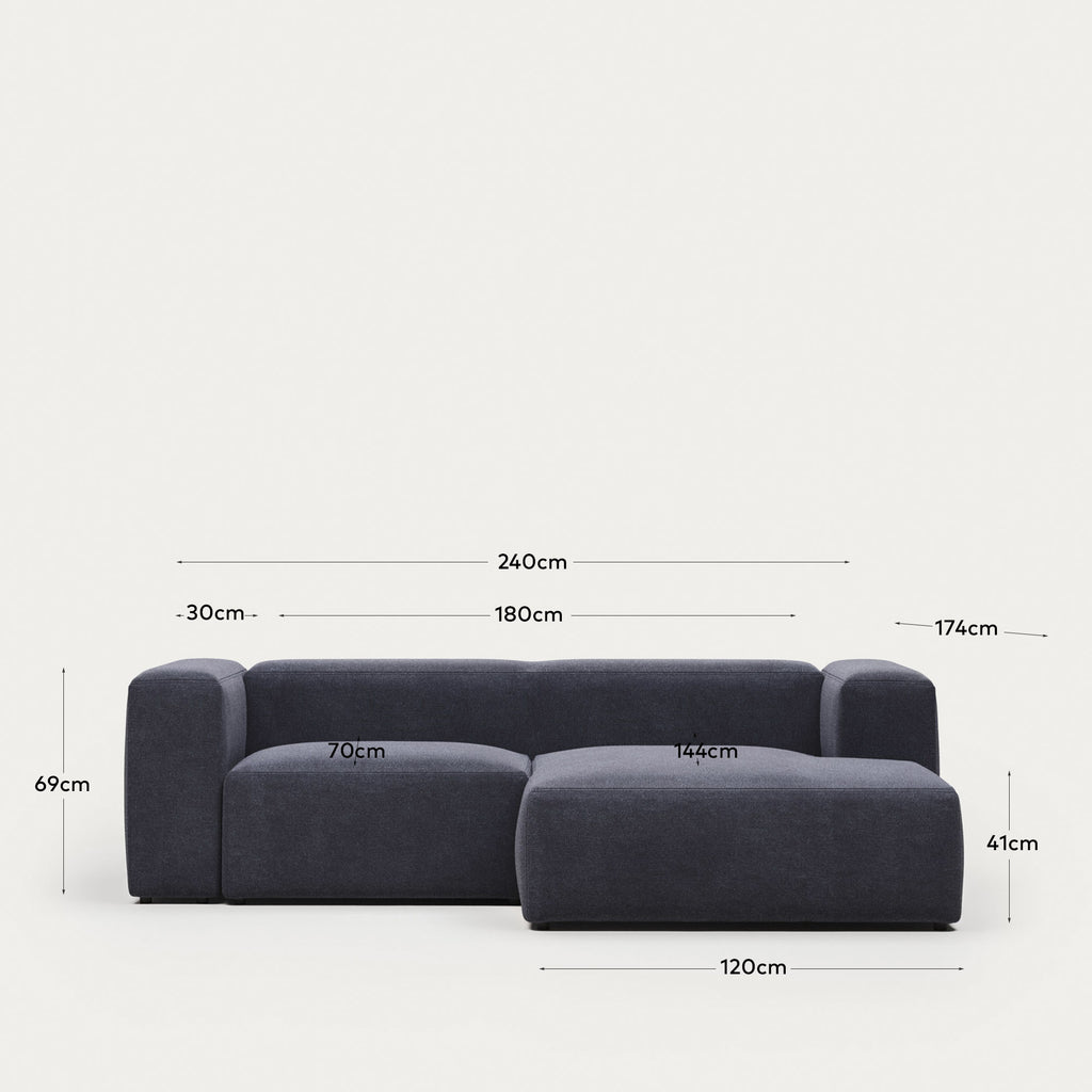Canapé Blok 2 places avec méridienne droite ignifugé en chenille bleue 240 cm