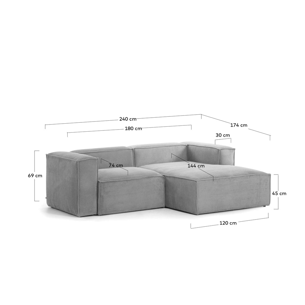 Canapé Blok 2 places en velours côtelé épais avec méridienne droite gris 240 cm – Certifié FSC Mix Credit