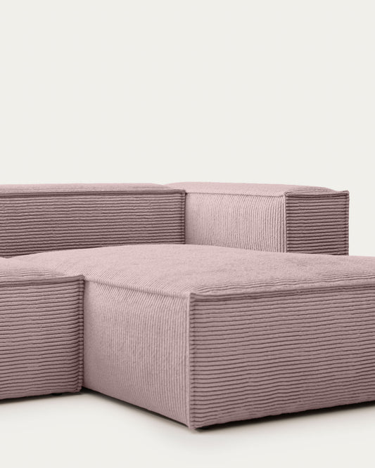 Canapé Blok 2 places méridienne droite en velours à grosses côtes rose 240 cm