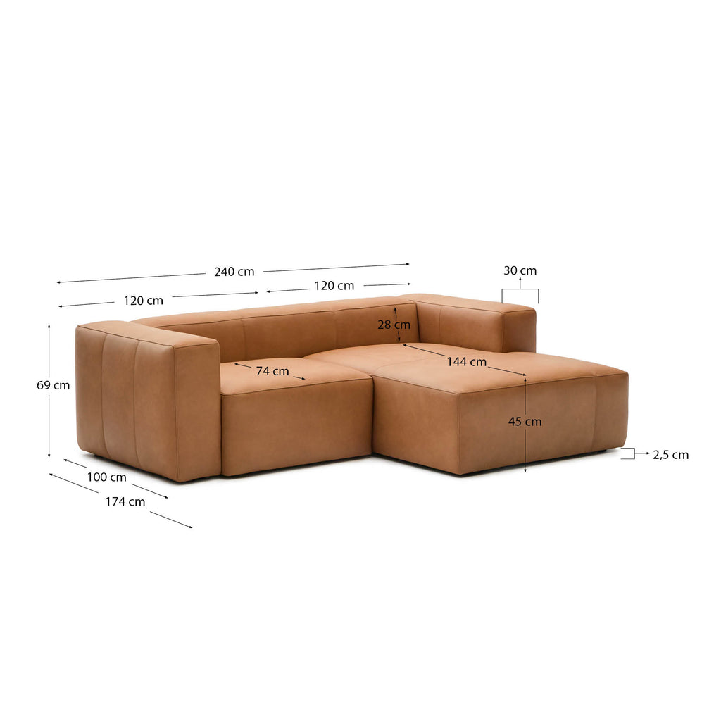 Canapé en cuir marron Blok 2 places chaise longue droite 240 cm