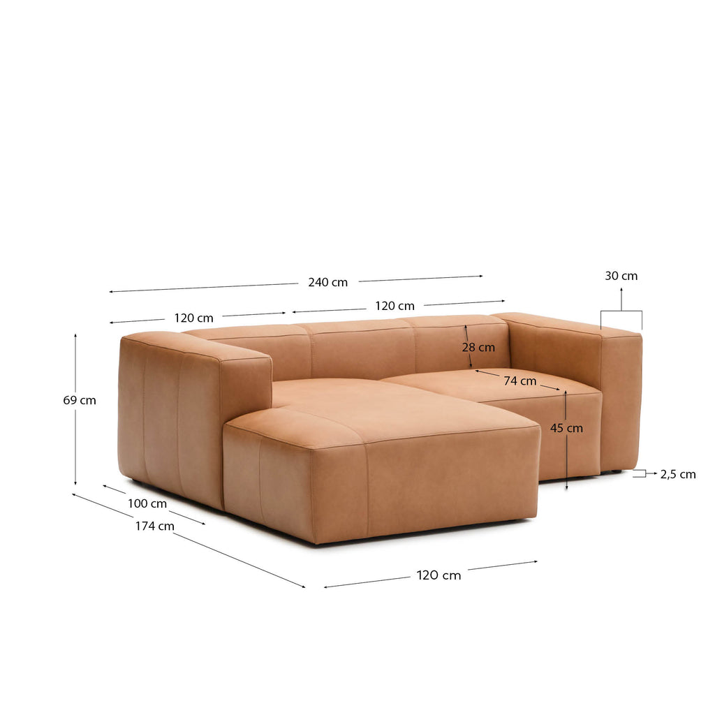 Canapé en cuir marron Blok 2 places chaise longue gauche 240 cm