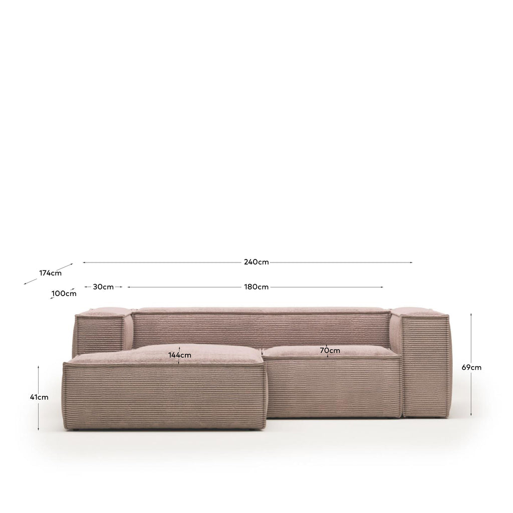 Canapé Blok 2 places avec méridienne gauche ignifugé en velours côtelé épais rose 240 cm FSC Mix Credit