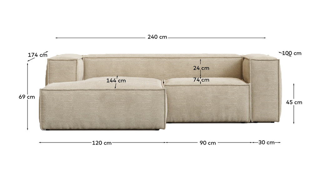 Canapé Blok 2 places version ignifugée avec méridienne gauche en velours côtelé épais écru 240 cm FSC Mix Credit