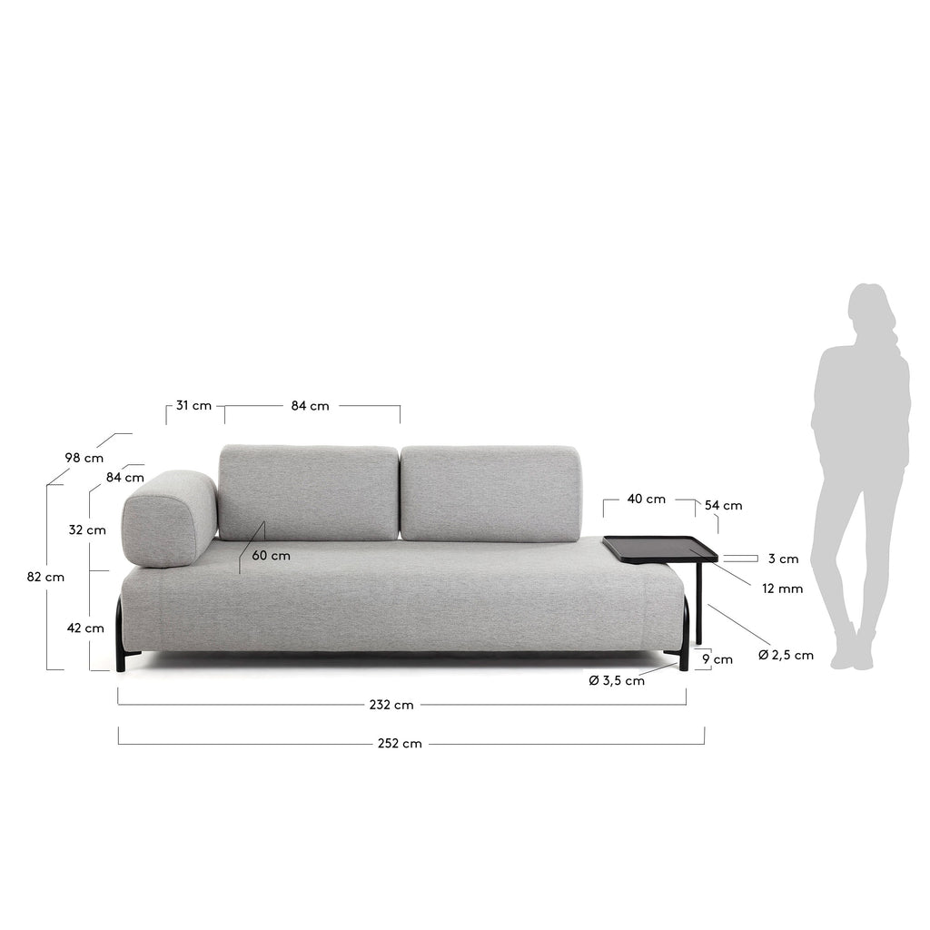 Canapé 3 places beige grisâtre Compo avec grand plateau 252 cm