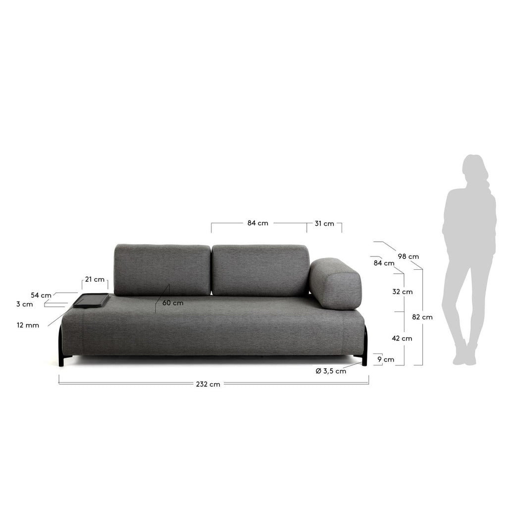 Canapé Compo 3 places gris foncé avec petit plateau 232 cm