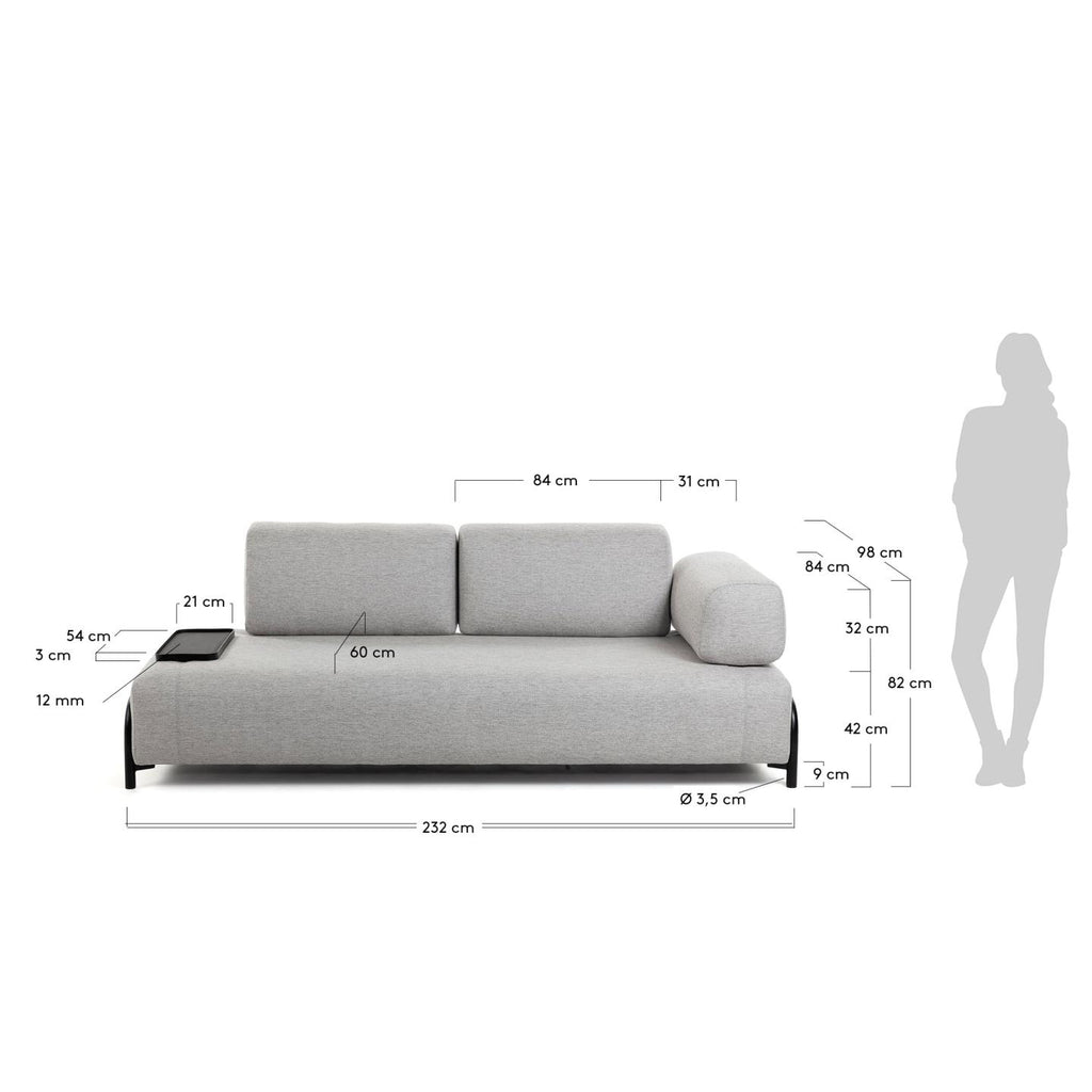 Canapé Compo 3 places beige grisâtre avec petit plateau 232 cm