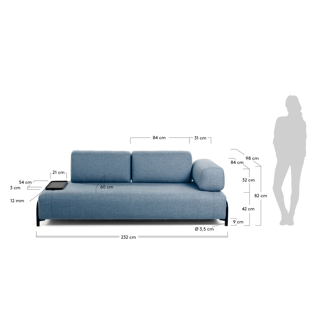 Canapé Compo 3 places bleu avec petit plateau 232 cm