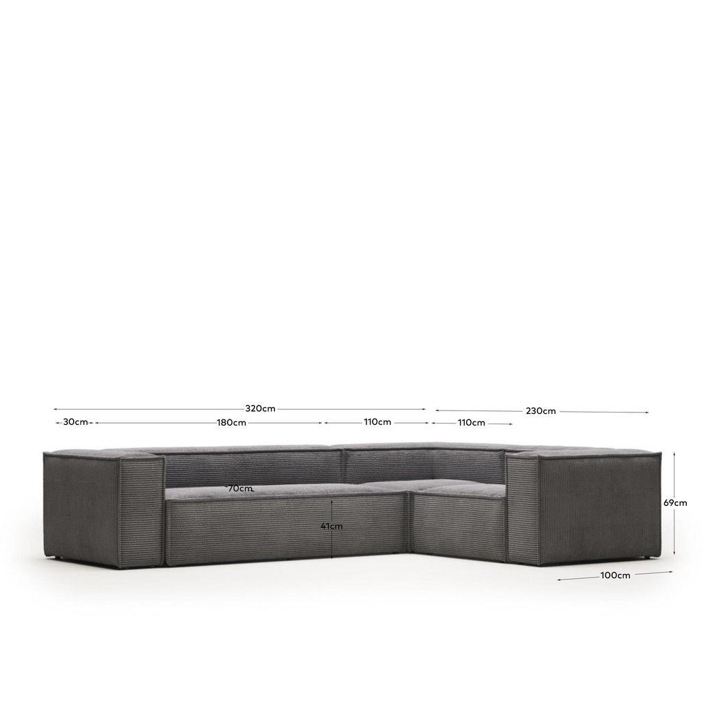 Canapé d’angle Blok 4 places velours à grosses côtes gris 320 x 230 cm / 230 x 320 cm FR