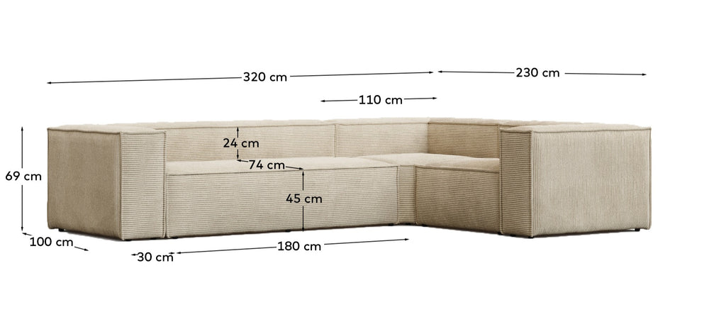Canapé d’angle Blok 4 places version ignifugée en velours côtelé épais écru 320 x 230 cm/230 x 320 cm FSC Mix Credit