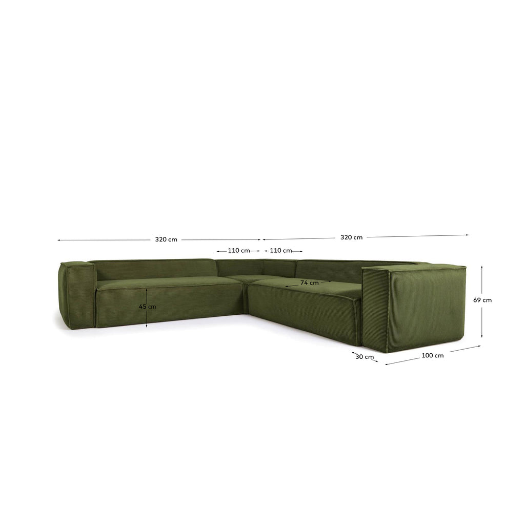 Canapé d’angle Blok 6 places en velours côtelé épais vert 320 x 320 cm – Certifié FSC Mix Credit