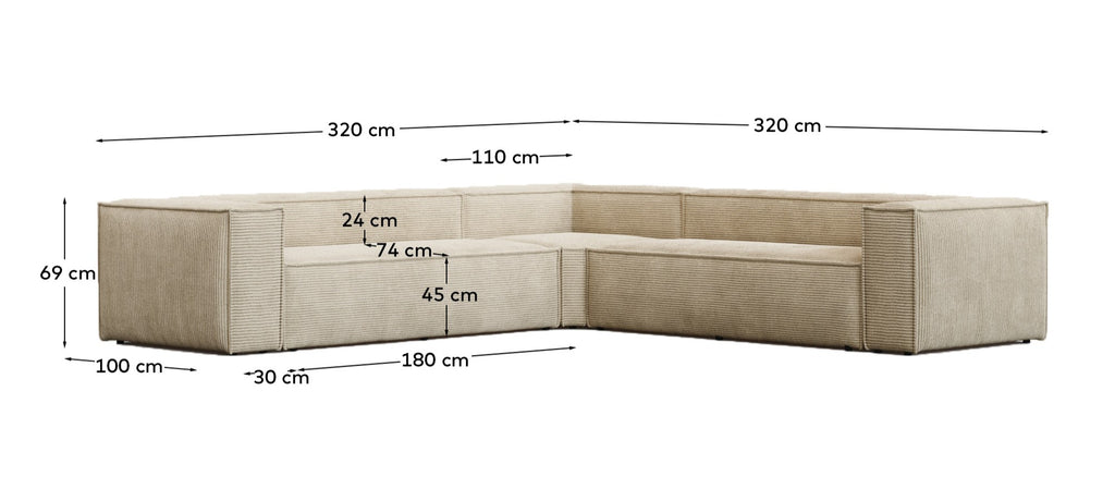 Canapé d’angle Blok 6 places version ignifugée en velours côtelé épais écru 320 x 320 cm FSC Mix Credit FR