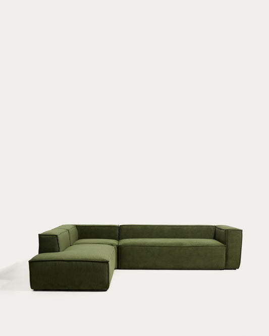 Canapé d’angle Blok 5 places avec pouf terminal gauche en velours côtelé épais vert 255 x 320 cm – FSC Mix Credit