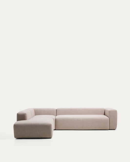 Canapé d’angle Blok 5 places avec pouf terminal gauche en chenille beige 255 x 320 cm – FSC Mix Credit