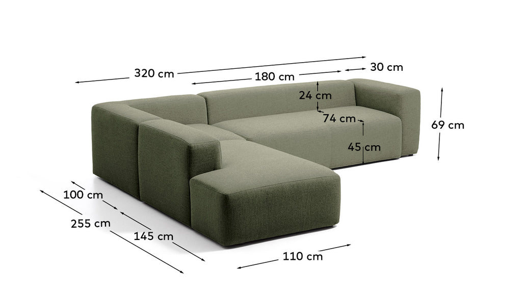 Canapé d’angle Blok 5 places avec pouf terminal gauche en chenille vert mousse 255 x 320 cm – FSC Mix Credit