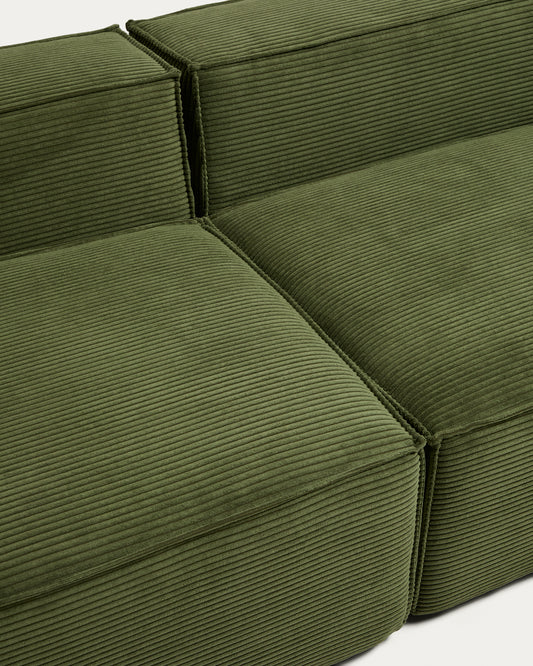 Canapé d’angle Blok 5 places avec pouf terminal droit en velours côtelé épais vert 320 x 255 cm – FSC Mix Credit