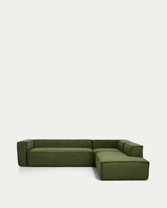 Canapé d’angle Blok 5 places avec pouf terminal droit en velours côtelé épais vert 320 x 255 cm – FSC Mix Credit