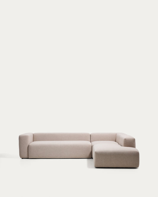 Canapé d’angle Blok 5 places avec pouf terminal droit en chenille beige 320 x 255 cm – FSC Mix Credit