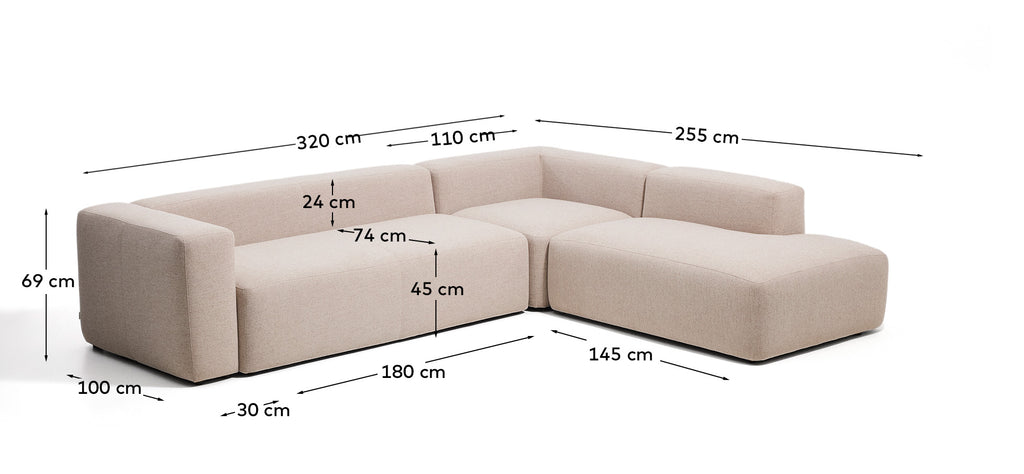 Canapé d’angle Blok 5 places avec pouf terminal droit en chenille vert mousse 320 x 255 cm – FSC Mix Credit