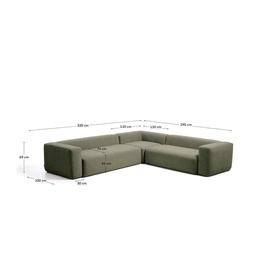 Canapé d’angle Blok 5 places en chenille vert mousse 320 x 290 cm/290 x 320 cm – FSC Mix Credit