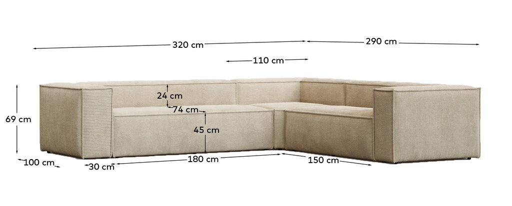 Canapé d’angle Blok 5 places version ignifugée en velours côtelé épais écru 320 x 290 cm/290 x 320 cm FSC Mix Credit