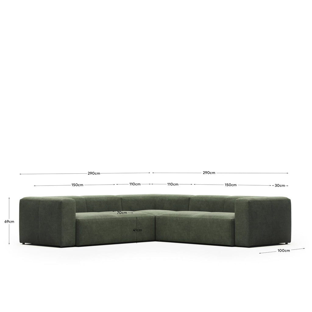 Canapé d’angle Blok 4 places ignifugé en chenille verte 290 x 290 cm