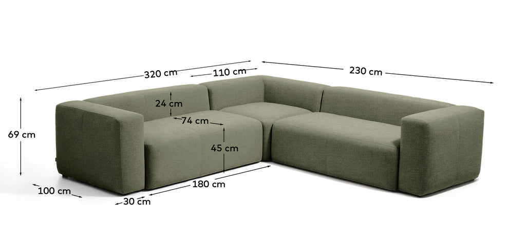 Canapé d’angle Blok 4 places en chenille vert mousse 290 x 290 cm – FSC Mix Credit