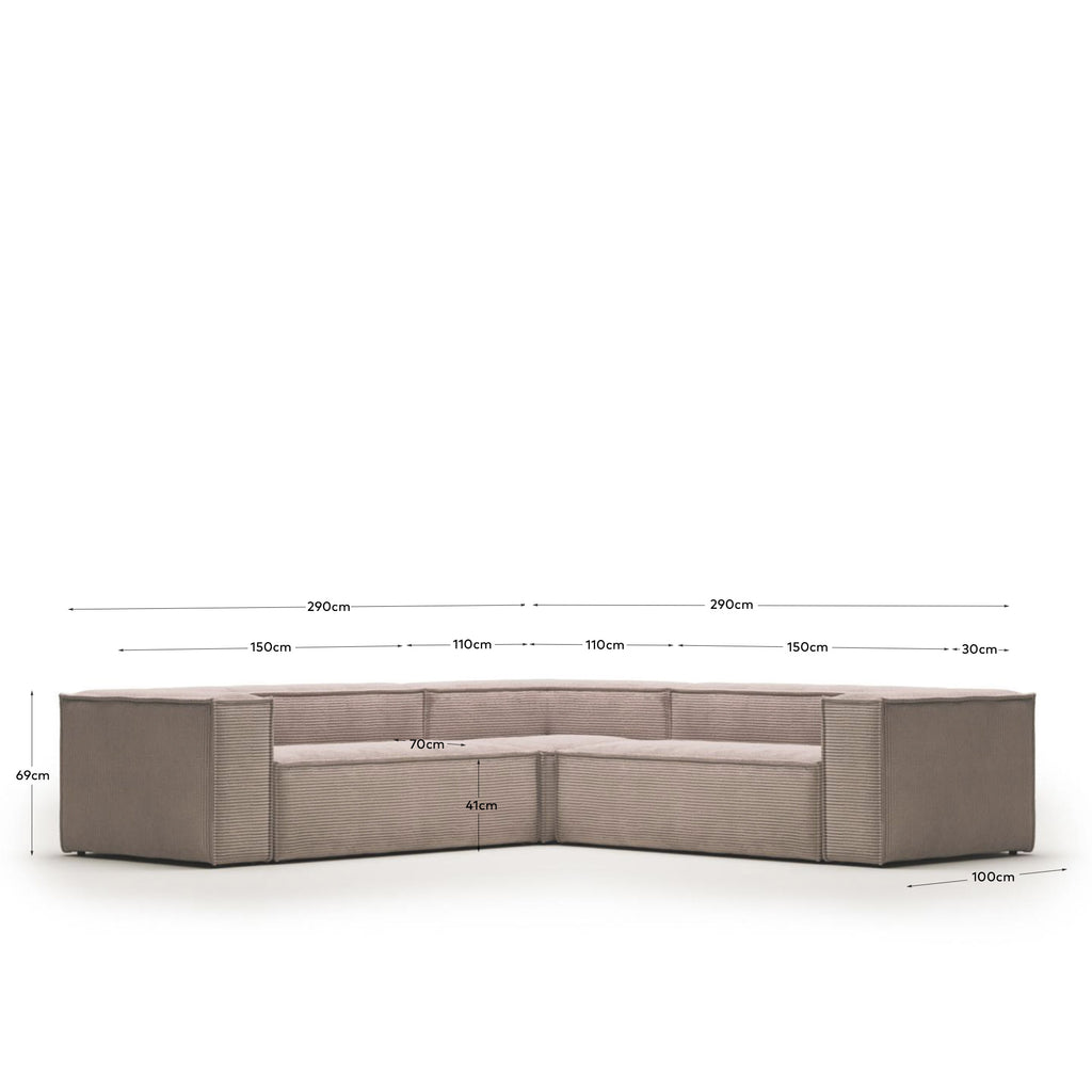 Canapé d’angle Blok 4 places ignifugé en velours côtelé épais rose 290 x 290 cm FSC Mix Credit