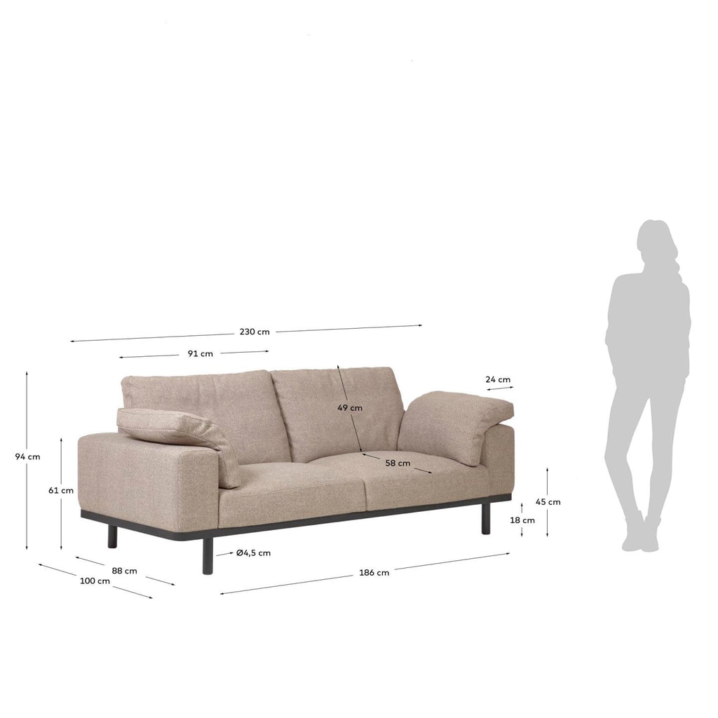 Canapé Noa 3 places avec coussins beige et pieds finition foncée 230 cm