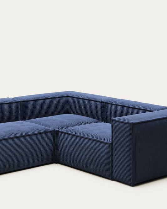 Canapé d’angle Blok 3 places ignifugé en velours côtelé épais bleu 90 x 230 cm / 230 x 290 cm FSC Mix Credit