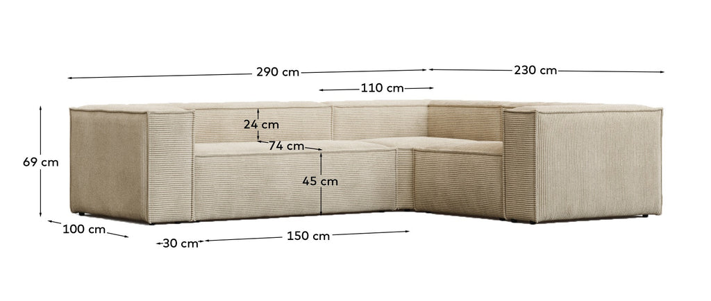 Canapé d’angle Blok 3 places version ignifugée en velours côtelé épais écru 290 x 230 cm/230 x 290 cm FSC Mix Credit