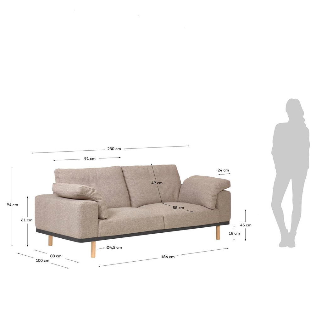 Canapé Noa 3 places avec coussins beige avec pieds finition naturelle 230 cm