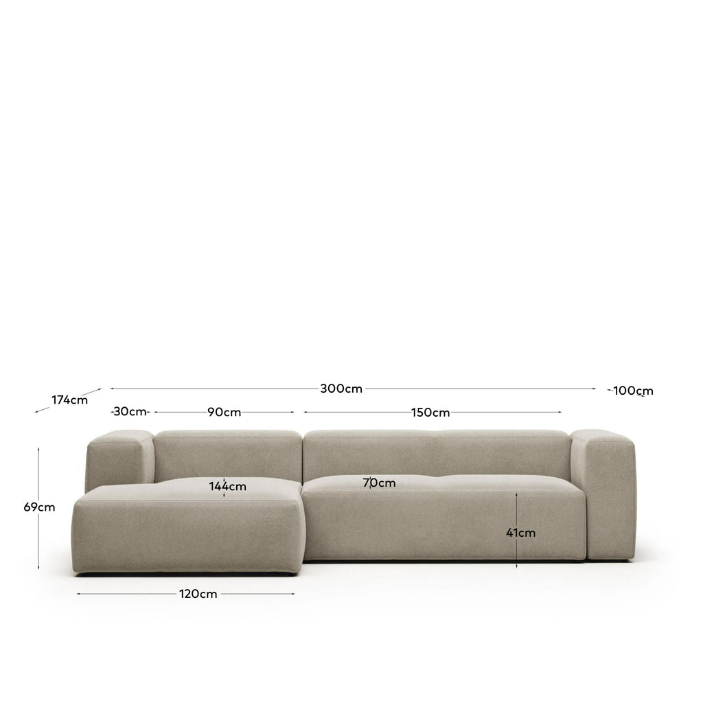 Canapé Blok 3 places avec méridienne gauche ignifugé en chenille beige 300 cm