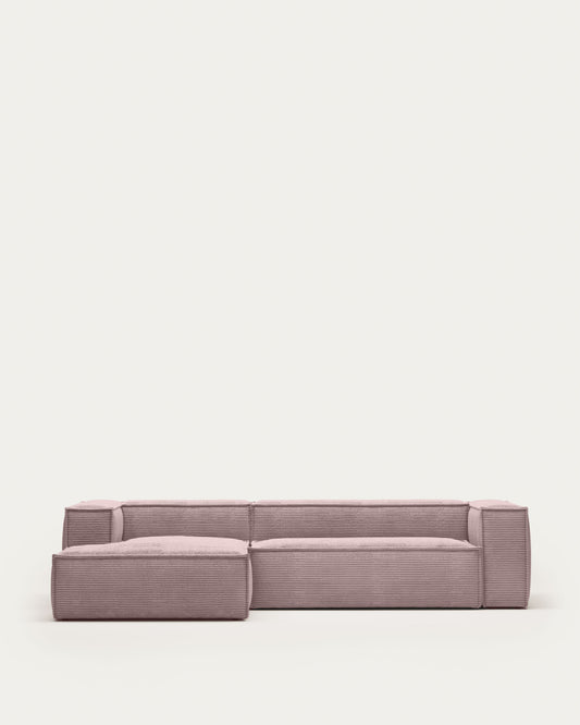 Canapé Blok 3 places en velours côtelé épais avec méridienne gauche rose 300 cm – Certifié FSC Mix Credit