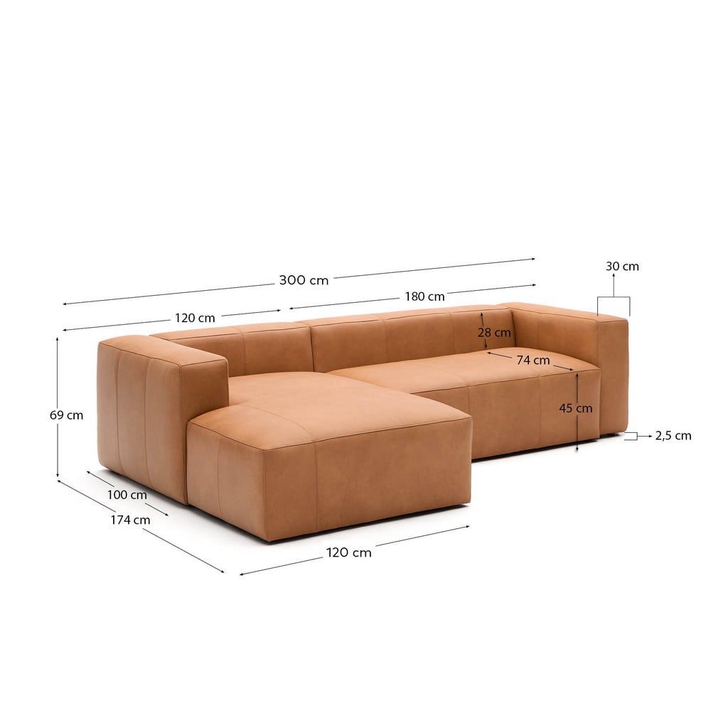 Canapé Blok en cuir marron 3 places chaise longue gauche 300 cm