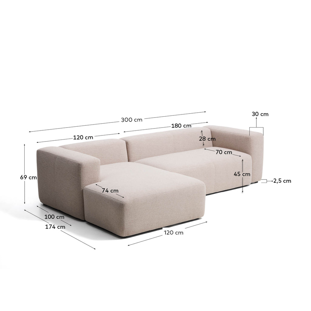 Canapé Blok 3 places avec méridienne gauche en chenille vert mousse 300 cm – FSC Mix Credit