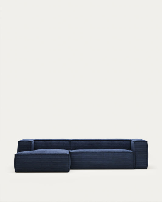 Canapé Blok 3 places avec méridienne gauche ignifugé en velours côtelé épais bleu 300 cm FSC Mix Credit