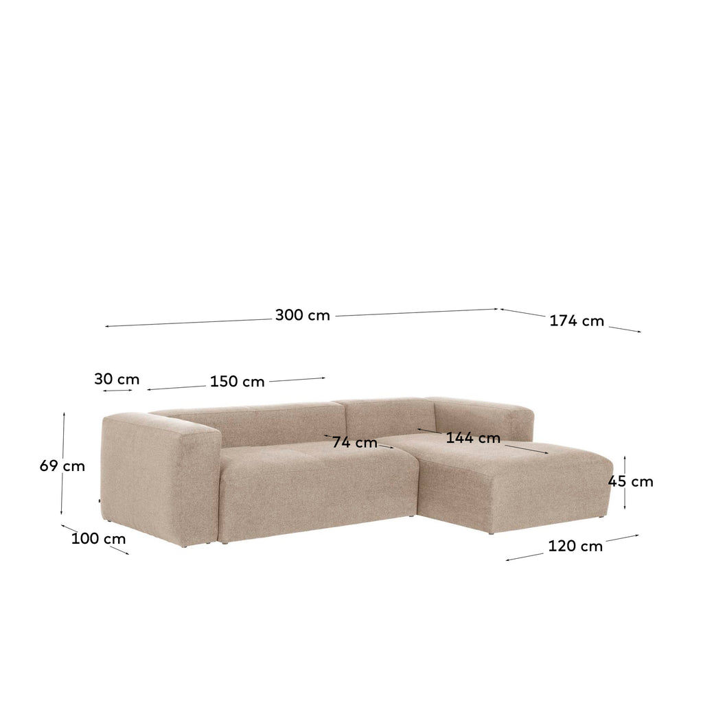 Canapé Blok 3 places en chenille avec méridienne droite beige 300 cm – Certifié FSC Mix Credit