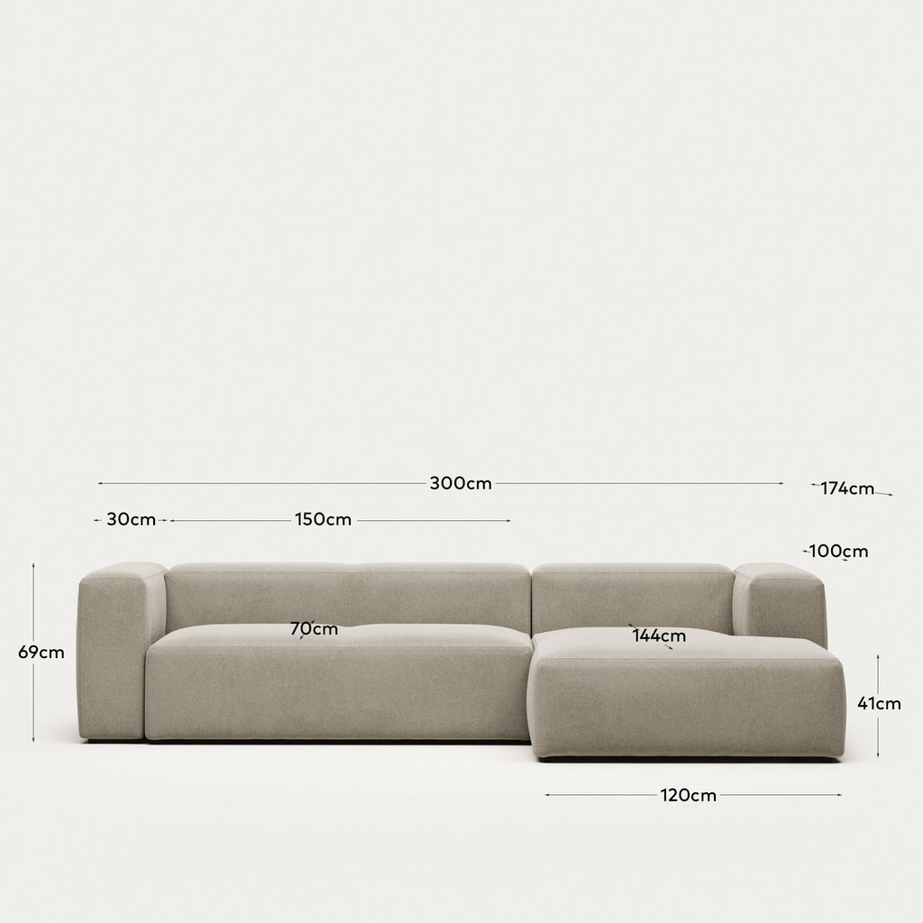 Canapé Blok 3 places avec méridienne droite ignifugé en chenille beige 300 cm
