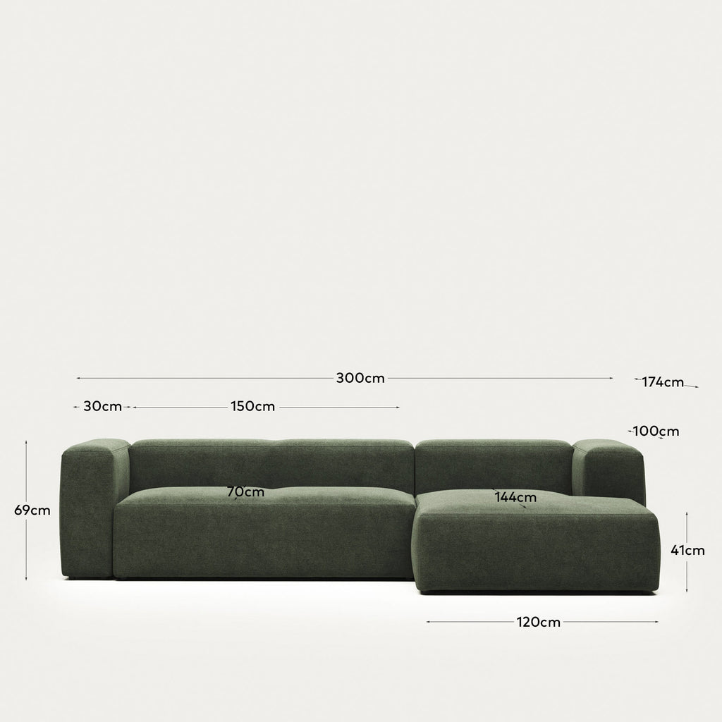 Canapé Blok 3 places avec méridienne droite ignifugé en chenille verte 300 cm