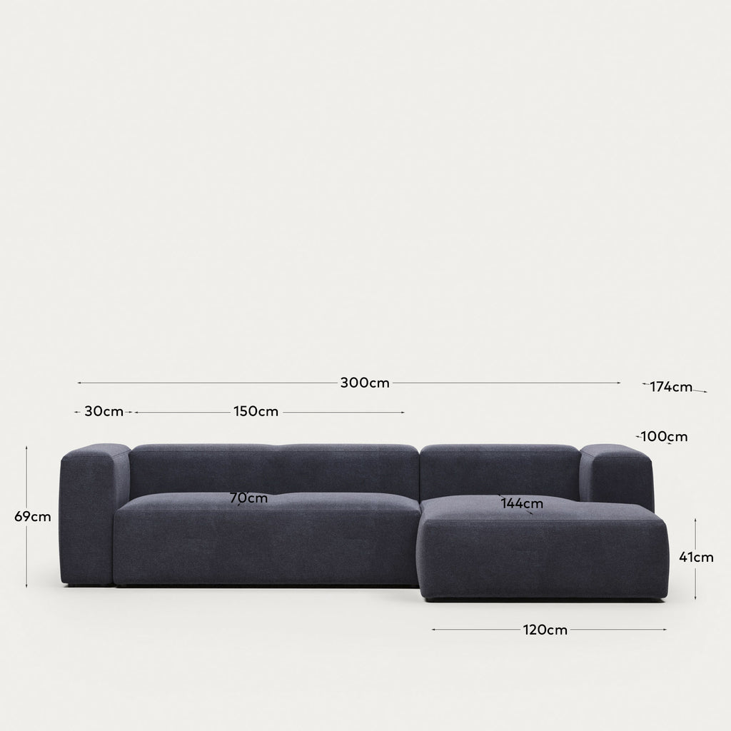Canapé Blok 3 places avec méridienne droite ignifugé en chenille bleue 300 cm