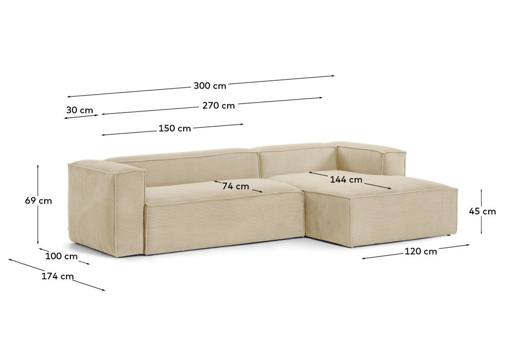 Canapé Blok 3 places en velours côtelé épais coloris naturel avec méridienne droite 300 cm – Certifié FSC Mix Credit