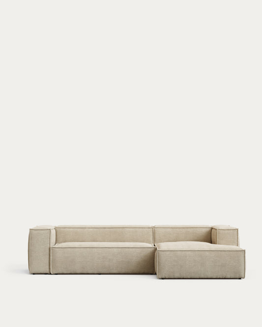 Canapé Blok 3 places en velours côtelé épais coloris naturel avec méridienne droite 300 cm – Certifié FSC Mix Credit
