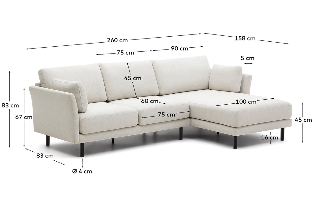Canapé Gilma 3 places chenille perle pieds finition noire et méridienne droite ou gauche 260cm