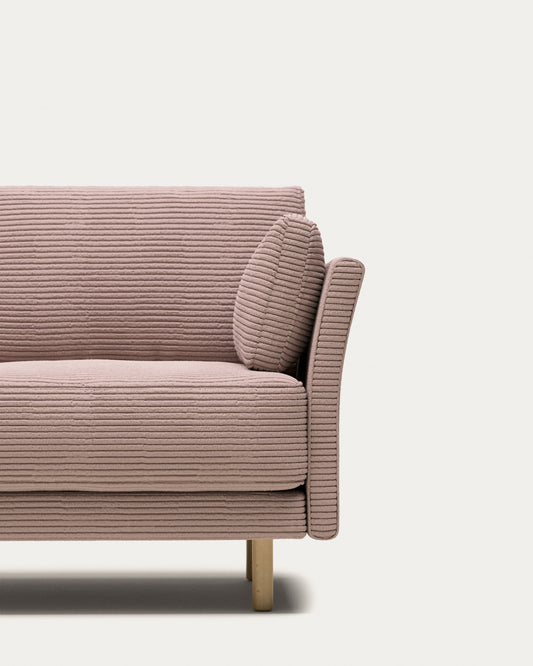 Canapé Gilma 2 places ignifugé en velours côtelé épais rose et pieds avec finition ton naturel 170 cm