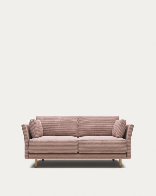 Canapé Gilma 2 places ignifugé en velours côtelé épais rose et pieds avec finition ton naturel 170 cm